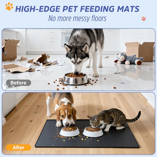 Large Dog Mats for Food and Water (Black / 32"L x 24"W)