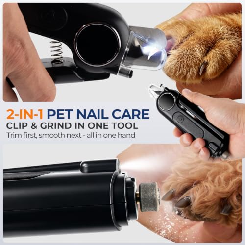 2-in-1 Dog Nail Clippers Grinder, HRC-48 Deep-U Blade for Thick Nails, LED