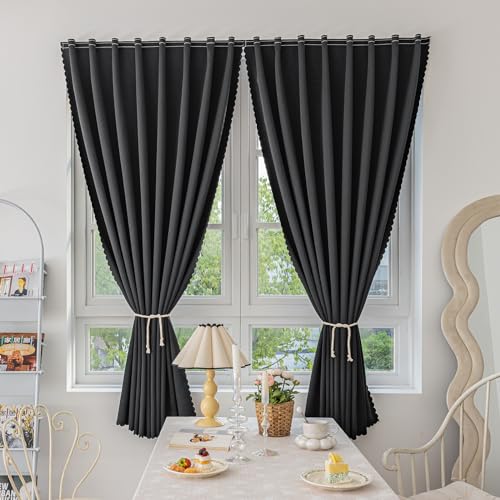Magic Tape Stick on Curtains Blackout Curtains for Bedroom no Drillng Self Adhesive Curtain no Rod Small Window (Black / 59"W x 79"L (Pack of 2))