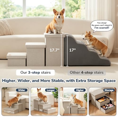 3 Step Wide Dog Stairs with Hidden Storage 18" H (Beige / 30"D x 17"W x 17.7"H)
