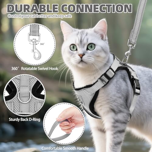 Cat Harness and Leash Set Escape Proof Reflective Cat Walking Harness Adjustable Soft Breathable Mesh Vest for Small Pets (M (NECK 11"-13.7", CHEST 16"-20") / Grey)
