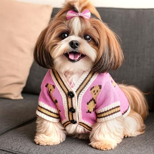 Small Dog Sweaters Cute Bear Dog Cardigans Clothes for Small Medium Dogs Boy Girl Puppy Cat Knitting Cardigan Outfits Dogs Winter Coats Warm Pet Doggy Clothes Soft Knitwear (Pink / Large)