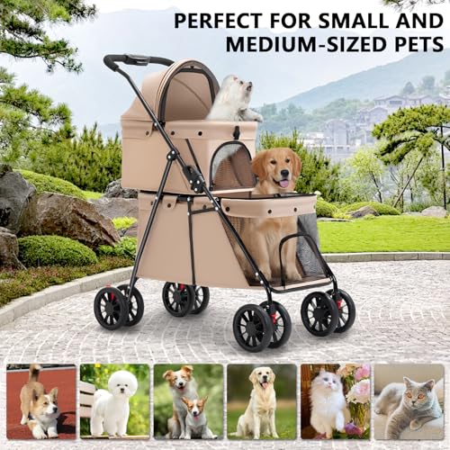 Double Pet Stroller for Medium Small Dogs and Cats Easy (Brown)