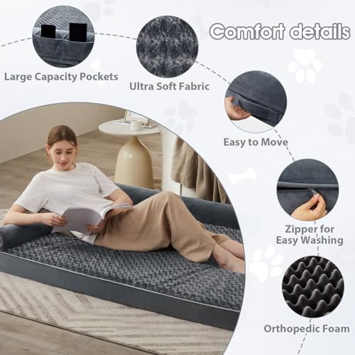 Orthopedic Washable Human Dog Bed for Adult & Dog Cozy Sleep (71"l x 46"w x 7"th / Dark Grey)