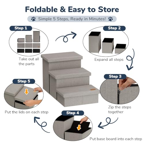 3 Step Dog Stairs for Large Dogs with Storage 18" H (Light Grey / 30"D x 17"W x 17.7"H)