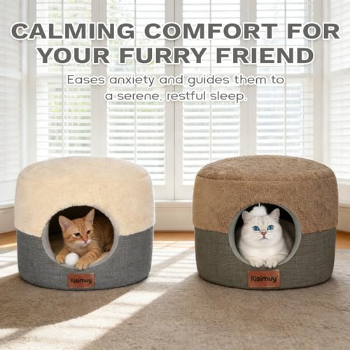 2-in-1 Cat Bed Cave, Cozy Covered Cat Beds for Indoor Cats,Pet Bed (Brown / M-17.7" x 17.7" x 13.8"H)