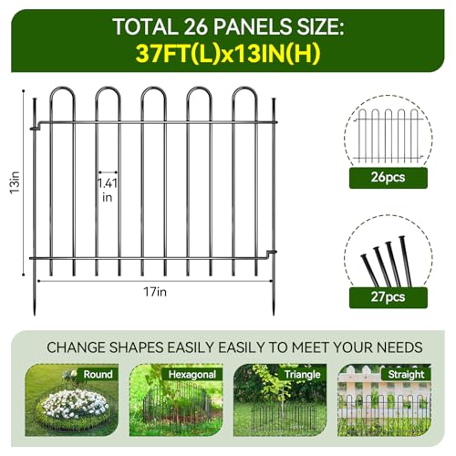26 Panels Decorative Garden Fence (26 Panels, 13in X 30ft / Black)