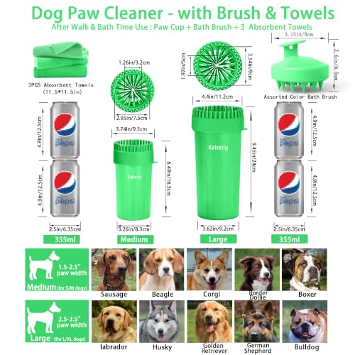 Dog Paw Cleaner Cup with Detachable Top Brush for Large & XL Dogs (Large(3Towels&Brush) / Green)