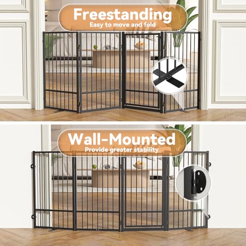 Full Metal Freestanding Dog Gate with Door (【4 Panels】80"W*36H" / Black)