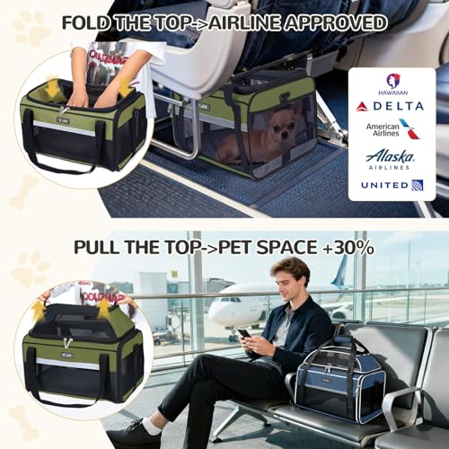 Top Expandable Pet Carrier 17x11x9.5 Inch Alaska Hawaiian Airline Approved Soft Sided Underseat to 12lbs Travel Carriers for Small Dogs and Cats with Locking Safety Zippers Anti (Dark Green)