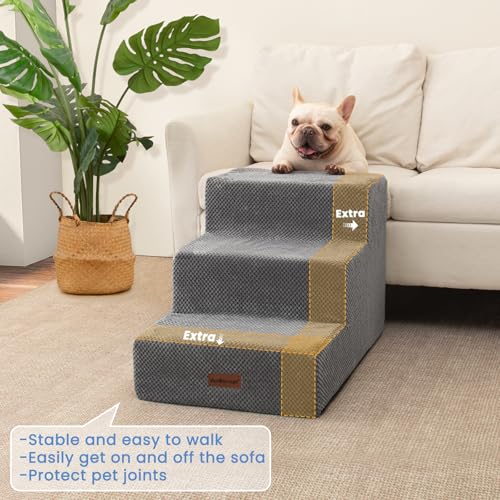Dog Stairs for Small Dogs (Grey / Wider 3-Step 15.7" H)