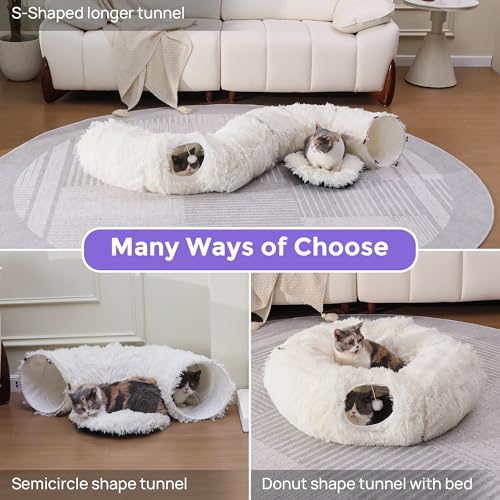Plush Cat Tunnel Bed for Indoor Cats with Soft Cushion (White)