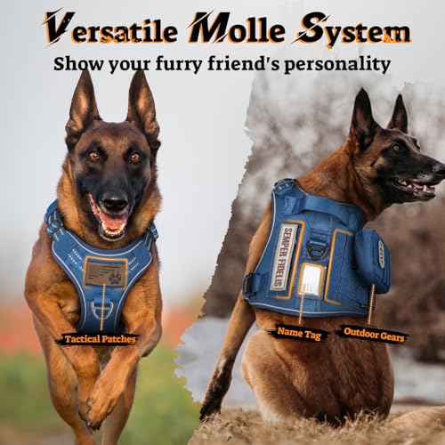 Tactical Dog Harness for Large Dogs (L(Chest:22"-37",Neck:21.1"-30.3",Back:8.3") / Blue)