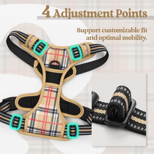 Dog Harness No Pull for Large Dogs with 2 Leash Clips (Large / Beige Plaid)
