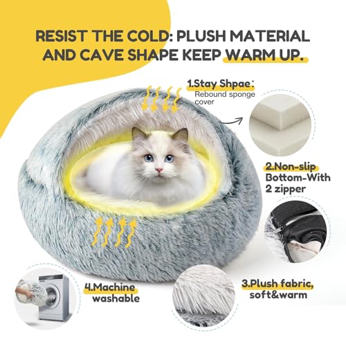 Cat Bed Plush Hooded Cat Beds for Indoor Cats (21.0"L x 21.0"W x 15.0"Th / gray)