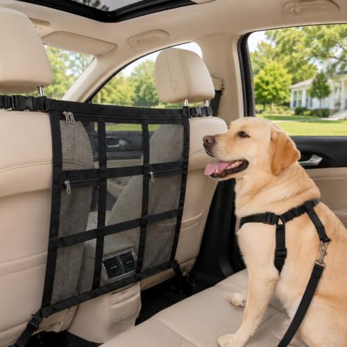 Dog Car Barrier Divider Net with 3 Zipper Storage Bags and Seat Belt