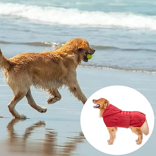 Dog Drying Coat with Hood for After Bath Bathrobe Towel Dog Drying Coat for Wet Walking in Rain (Medium / Red(Pineapple grid Hood))