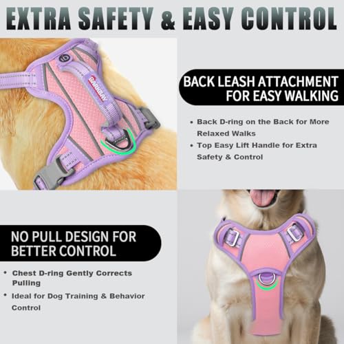 Dog Harness for Large Dogs No Pull Dog Vest ID Tag Pocket (Baby Pink & Violet Purple / Large)