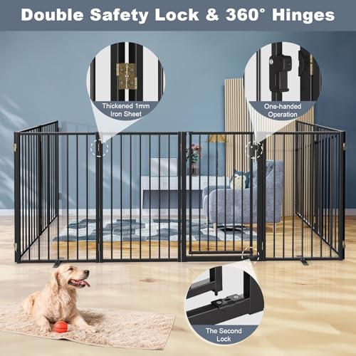 Metal Freestanding Dog Gates with Door for Outdoor Indoor (Black / 【8 Panels with Door】 32''H*160''W)