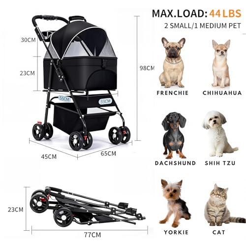 3-in-1 Pet Stroller for Small/Medium Dogs Cats,4 Wheels,Detachable Carrier Basket,Breathable Mesh,Storage Basket,Cup Holder,Weather Cover,Black (Black)