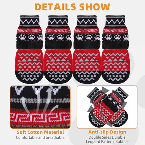 Dog Socks to Prevent Licking Paws for Hardwood Floors Anti Slip (Red Ornamentation / Small/Medium (4 Pack))