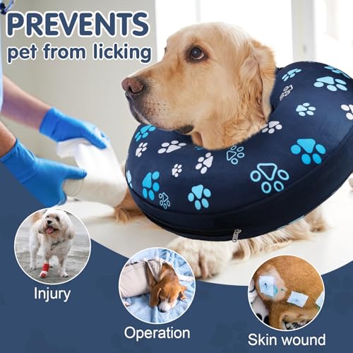 Dog Cone Collar Alternative After Surgery (Navy Blue Paw / M(Neck:13"-16"))