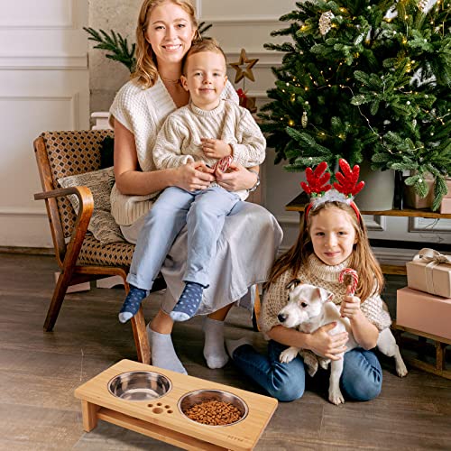 Elevated Dog Bowl Stand with 2 Stainless Steel Bowls (small-4“tall,21 Oz bowl / Bamboo)