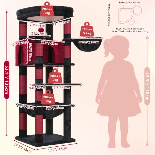 53.1" Corner Cat Tree for Large Cats (53 inch / Black and Red)
