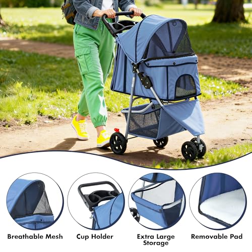 Foldable 3 Wheel Pet Stroller for Dogs and Cats (Blue / 29.13"×39.37"×17.71")