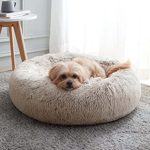 Western Home Calming Donut Small Medium Pet Dog Bed Washable (White Khaki / 27.0"l x 27.0"w x 8.0"th)