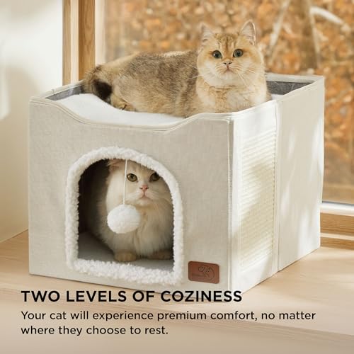 Cat House Bed for Indoor Cats with Fluffy Ball and Scratch Pad (Ivory / Single)