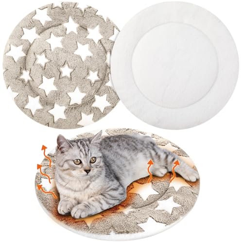 2 Pack Self Heating Cat Pad Self Heating Cat Bed Machine Washable Heat Pet Mat Reversible Body Thermal Warm Round Dog Bed Crate Blanket for Feral and Indoor Cats (16'' / Apricot Large Star)