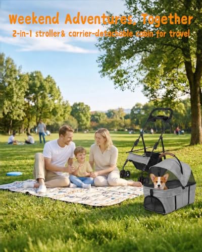 Pet Stroller 3 in1 Foldable Dog Cat Stroller with Detachable Carrier (GRAY)