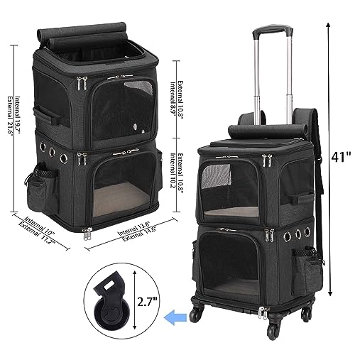 Double Compartment Cat Carrier Backpack with Wheels for Two Pets (14.6"L x 11.2"W x 21.6"H / Black)