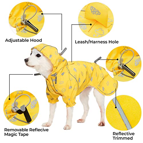 18" Reflective Cloud Prints Lightweight Waterproof Dog Raincoat with Hood & Harness Hole (18 Inch / 2-legged - Yellow, Reflective Cloud Prints)