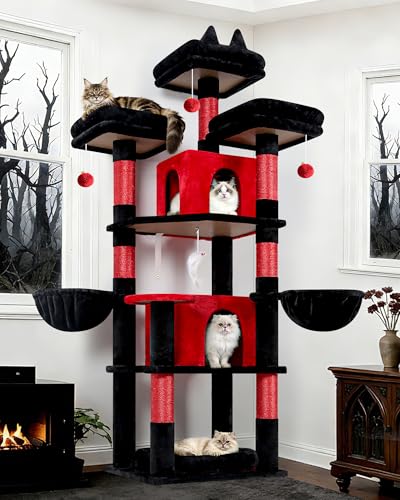 Big XL Gothic Cat Tower for Indoor Multiple Cats (Black Red / 68 inch)