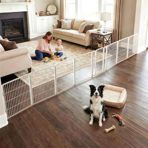 Dog Gate Extra Wide Adjustable for Openings Up to 219" (White / Up to 219" W【7 Panels + 1 Door】 / 32"H)