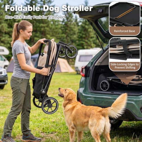 Dog Stroller for Medium Dogs 88lbs with Ramp for Easy Access Foldable Khaki (Khaki&Black)