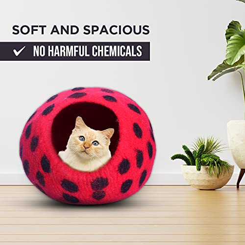 Premium Felt Cat Cave Bed (Red Polka)