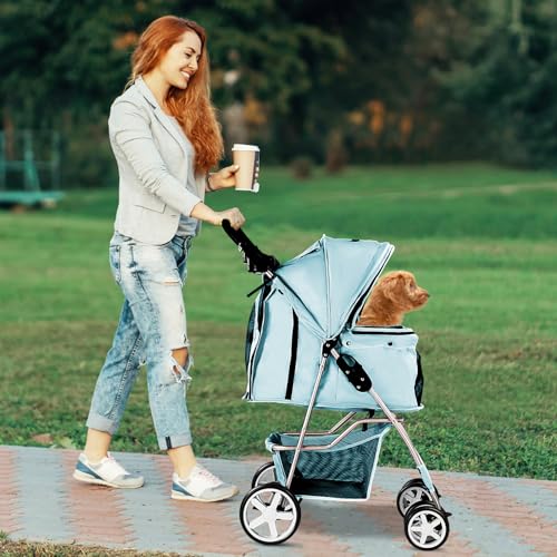 4 Wheel Pet Stroller for Small Dogs and Cats (Light Blue)