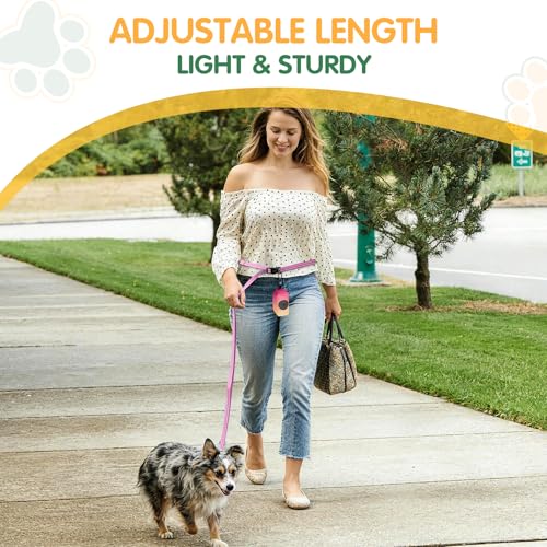 Hands Free Dog Leash with Poop Bag Holder (Pink)