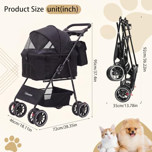 2-in-1 Foldable Pet Stroller 4-Wheel for Small Dogs & Cats, Black (Black)