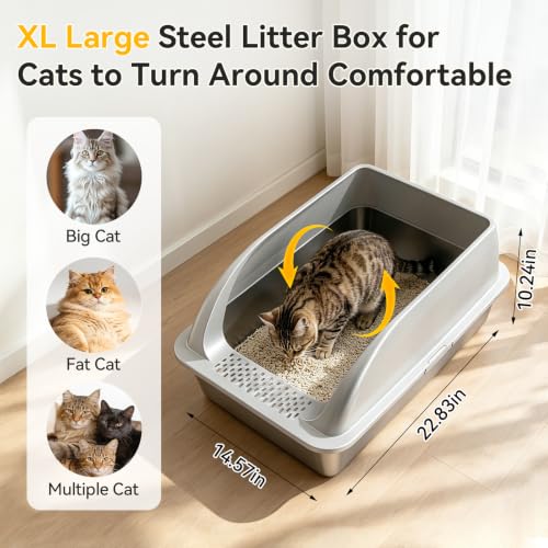 XL Stainless Steel Litter Box for Cats (Light Gray-2Pack)