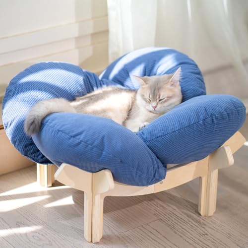 Elevated Cat Bed for Indoor Cats Couch Sofa Flower (Deep Blue)