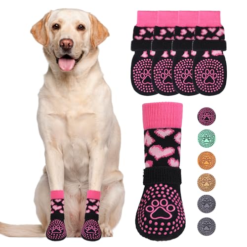 Valentines Dog Socks Shoes Costume to Prevent Licking Paws (Heart Rose Pink / Large (4 Pack))