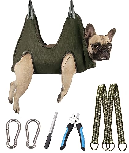 10 in 1 Dog Pet Grooming Hammock Harness with Nail Clippers (M/Under 36 lb / Khaki Green)