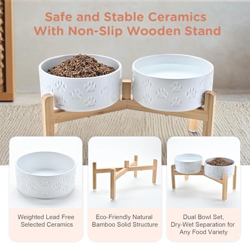 Elevated Dog Bowls Ceramic (7.3 in - 5.3 cups / Paw White)