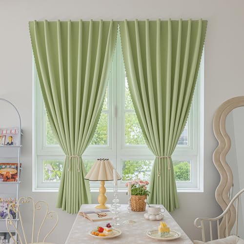 Magic Tape Stick on Curtains Blackout Curtains for Bedroom no Drillng Self Adhesive Curtain no Rod Small Window (Green / 47"W x 59"L (Pack of 2))