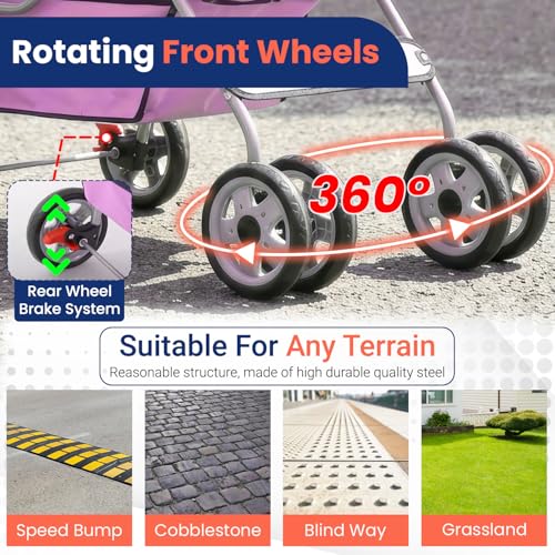 4 Wheel Foldable Pet Stroller (Pink / 4 Wheels)