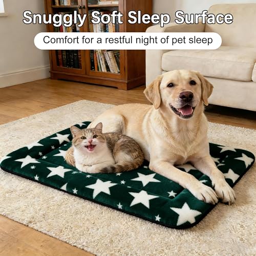 Dog Bed Mat Soft & Comfortable Dog Kennel Pad for Crate (L(35"*23"*1.5") / Big&Little Stars Green-1pc)
